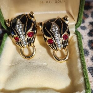 Gold-Tone Black Enamel Panther Clip-On Earrings with Red and Clear Accents..vint